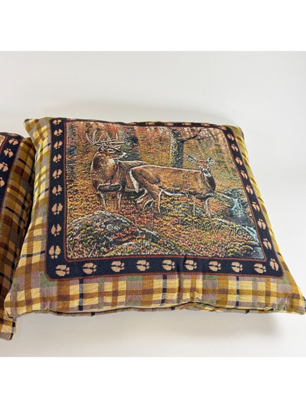 Rivers Edge Products Tapestry Throw Pillows 18x18 Inch Brown Plaid With Deer Pai - Picture 4 of 8